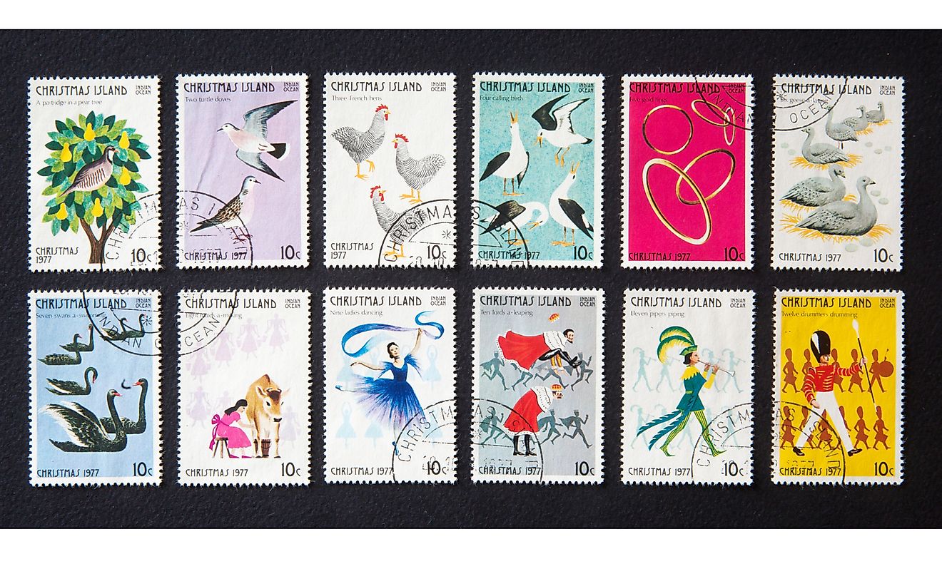 Christmas Island stamps honouring the "Twelve Days of Christmas". spatuletail / Shutterstock.com. 