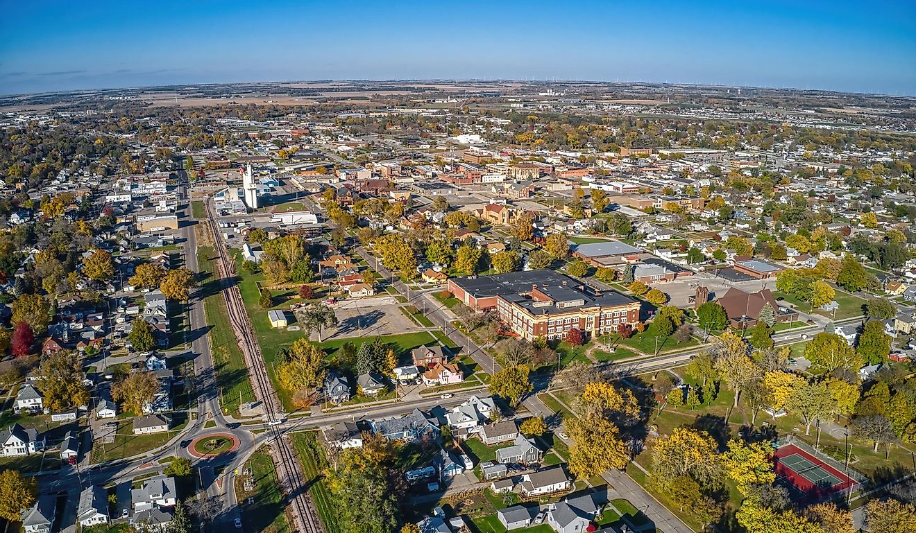Aerial view of downtown Norfolk, Nebraska in autumn.