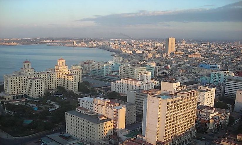 The skyline of Havana, the commercial center and major port city of Cuba.