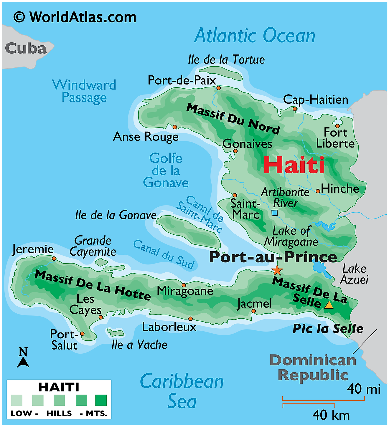 Physical Map of Haiti showing major islands, terrain, major mountain ranges, major lakes, highest point, important settlements, and more.