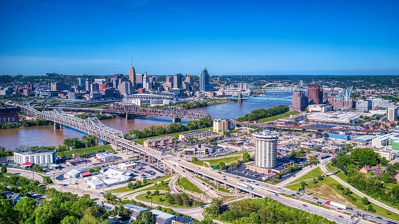 Aerial view of Covington, Kentucky and downtown Cincinnati from Devou Park. 