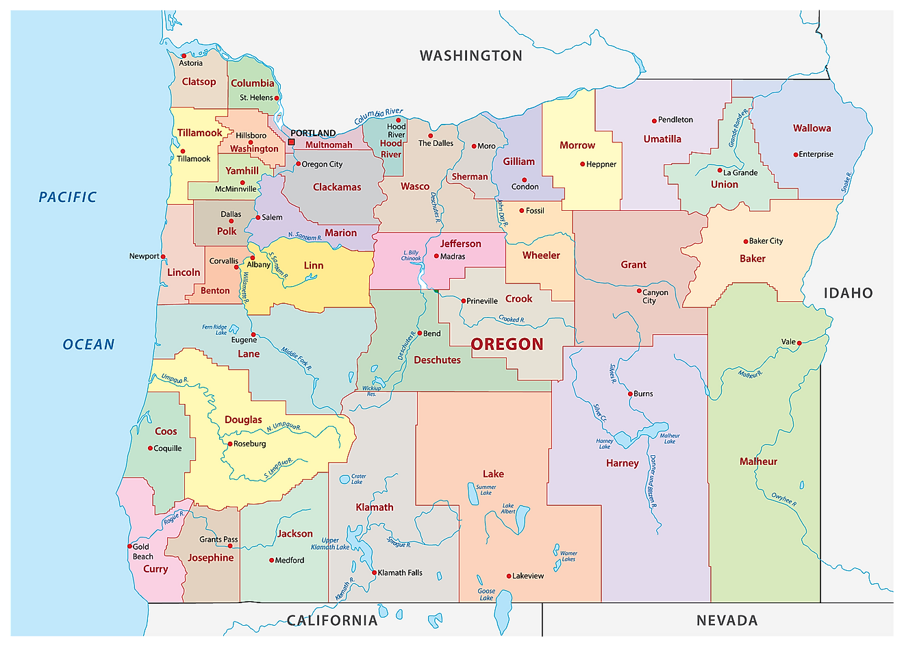 Administrative Map of Oregon showing its 36 counties and the capital city - Salem