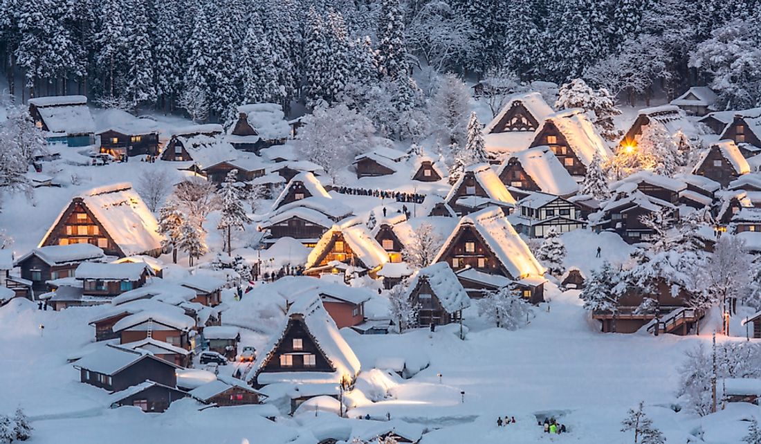 Snow covered houses in the village of Shirakawa, Gifu Prefecture, Japan.