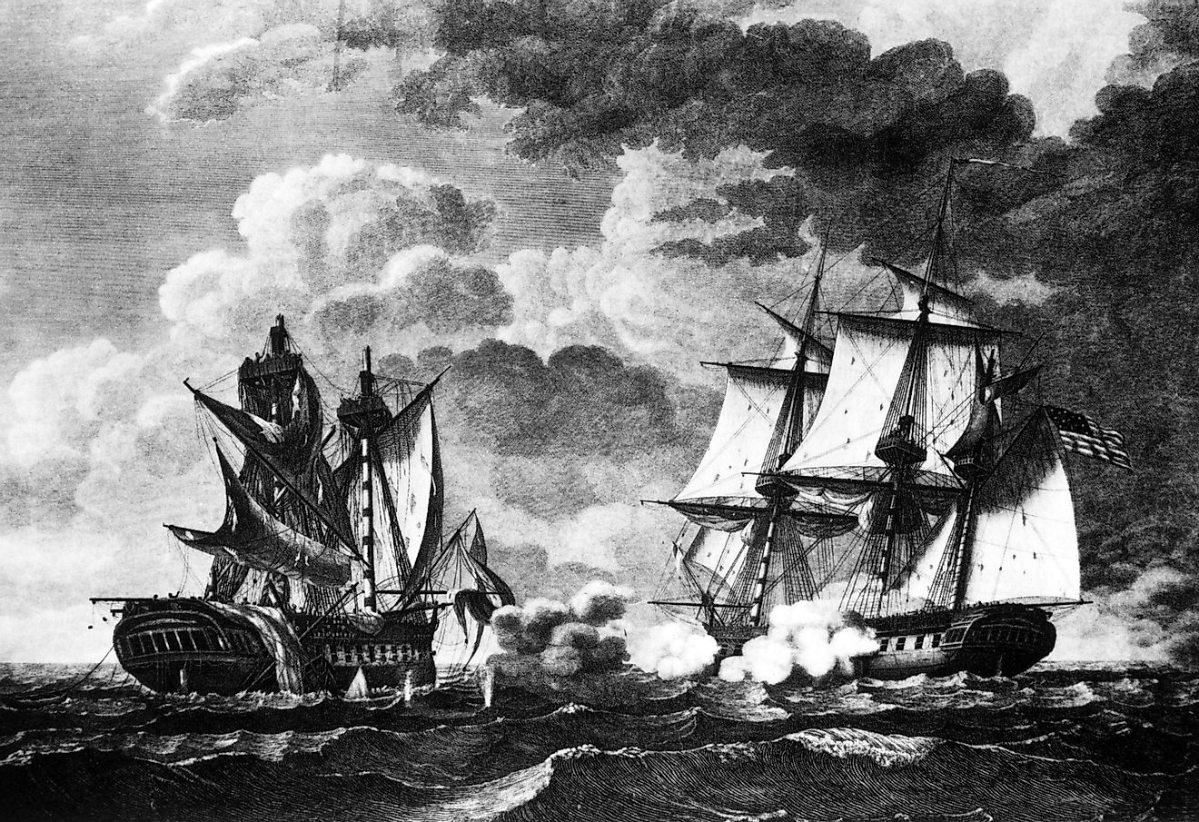 The USS 'United States' commanded by Stephen Decatur captures the British ship 'Macedonian,' October 30, 1812