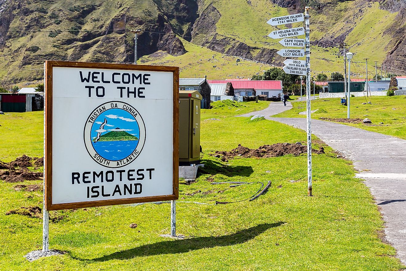A sign welcoming tourists to Tristan Da Cunha, regarded as the world's remotest island. Image credit: maloff/Shutterstock.com