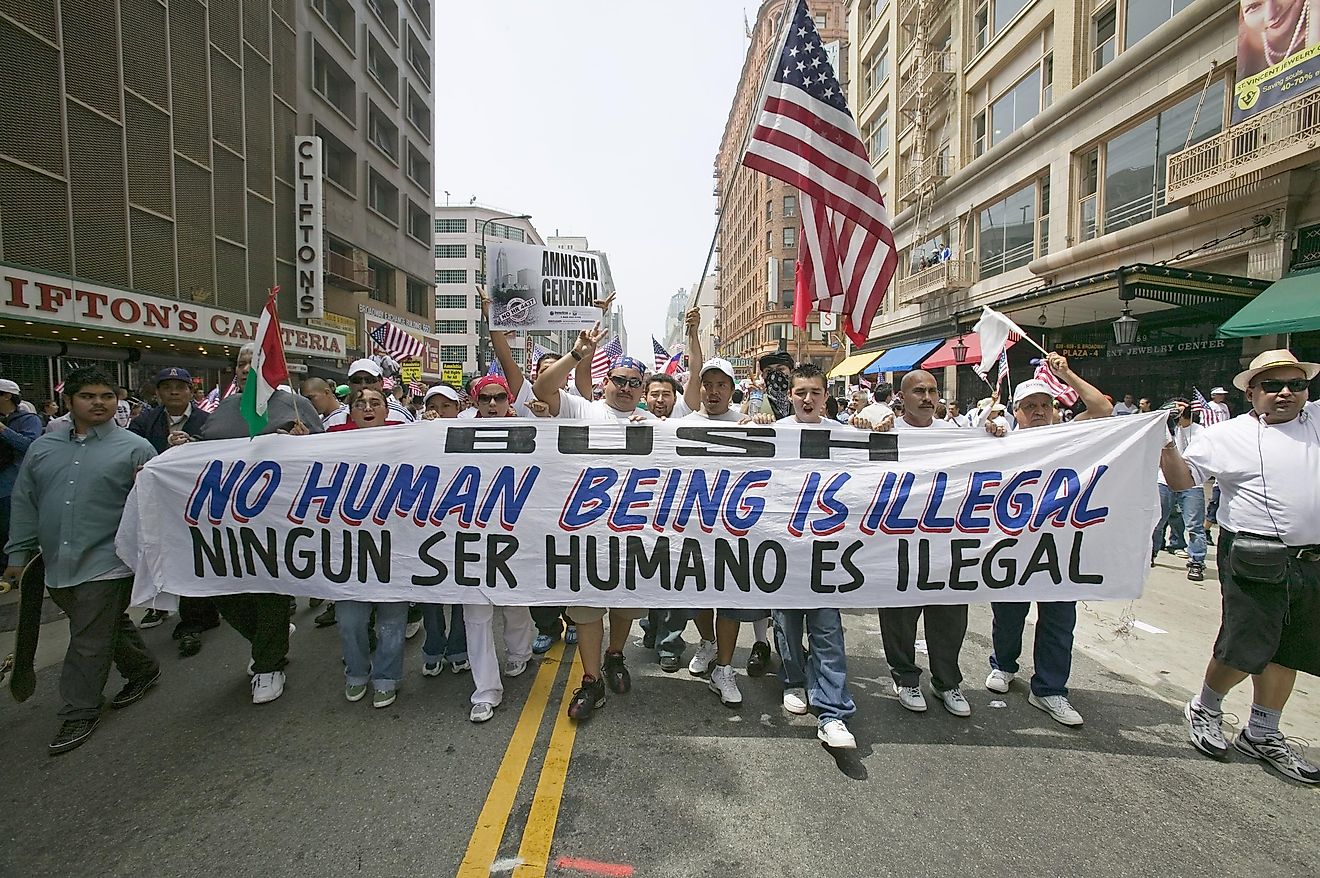 Hundreds of thousands of immigrants participate in march for Immigrants and Mexicans protesting against Illegal Immigration reform by U.S. Congress, Los Angeles, CA, May 1, 2006. Image credit: Joseph Sohm/Shutterstock.com