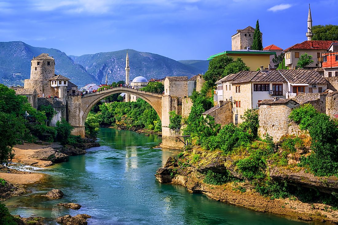The Neretva flowing through the town of Mostar in Bosnia and Herzegovina. 