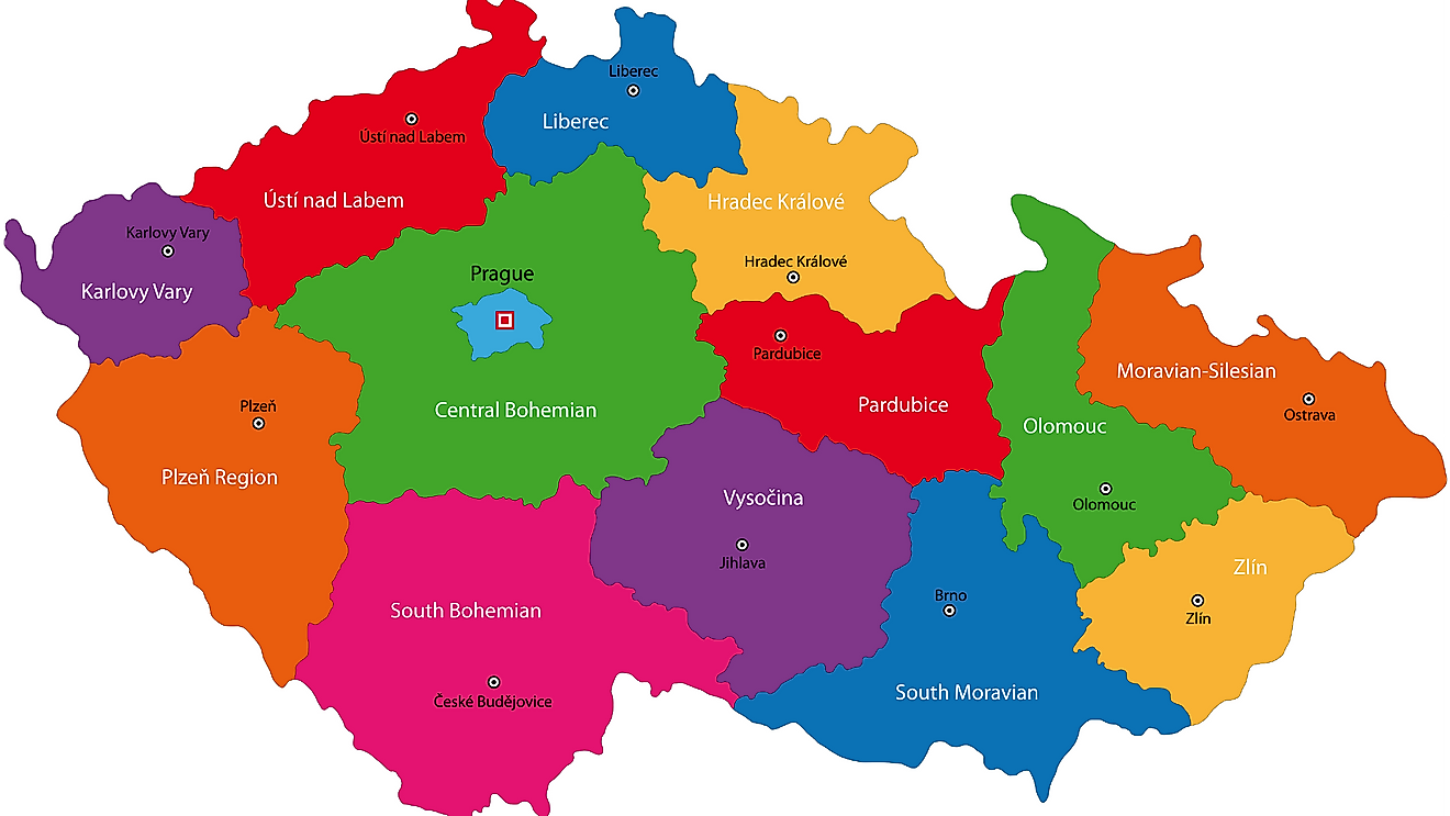 Political Map of Czech Republic showing its 13 regions and the capital city of Prague