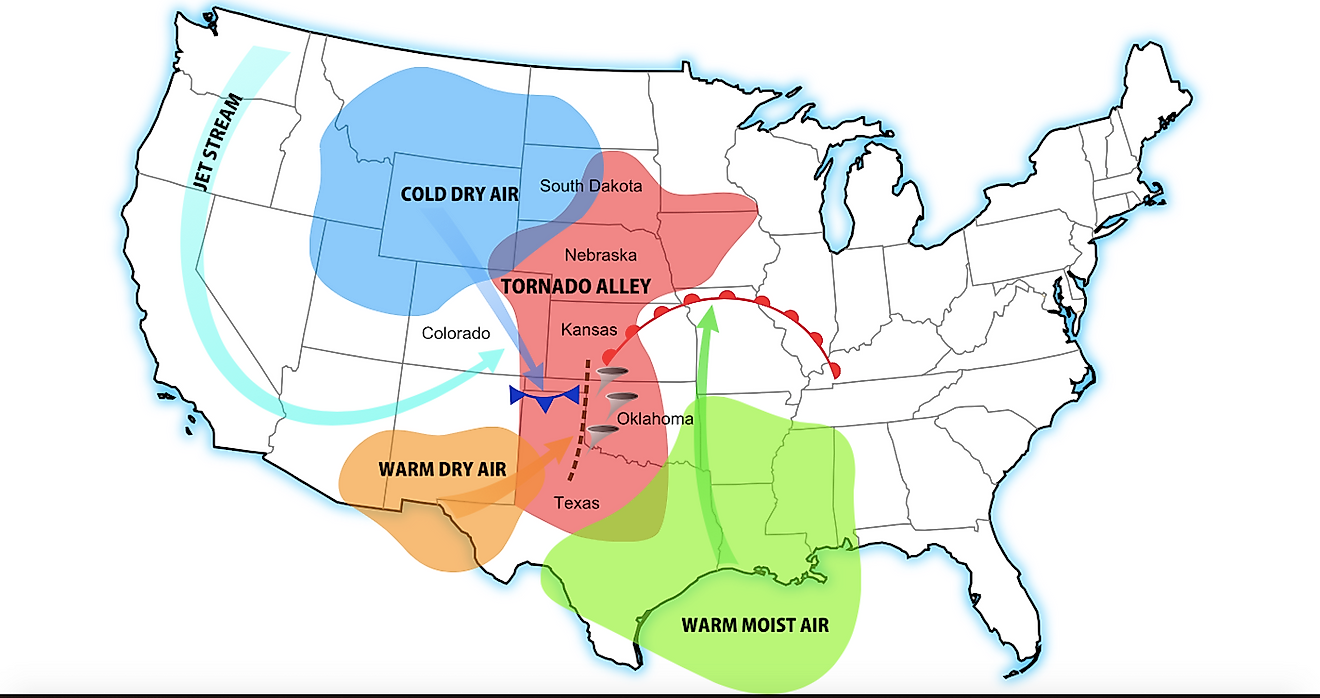 A diagram of tornado alley based on 1 tornado or more per decade. Rough location (red), and its contributing weather systems. Image credit: Dan Craggs/Wikimedia.org