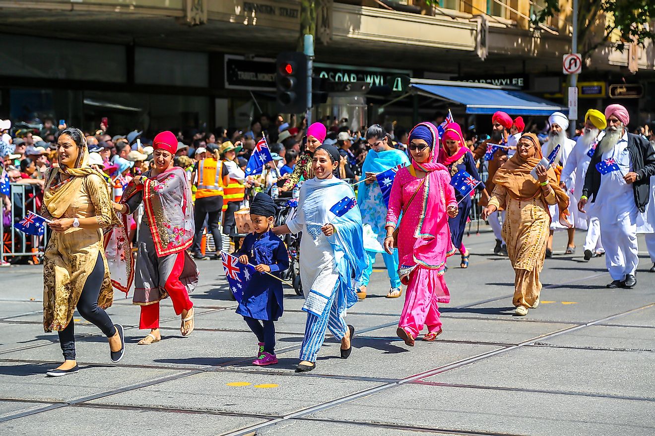 Sikh Volunteers Australia members marching during 2019 Australia Day Parade in Melbourne. Image credit: Leonard Zhukovsky/Shutterstock.com