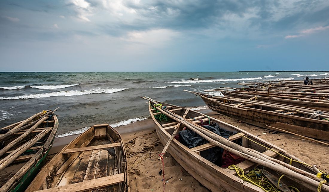 Wooden boats on the shore of Lake Tanganyika near Bujumbura, Burundi.
