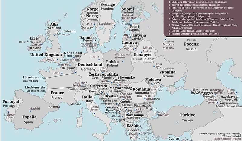 Map of Europe showing the names of countries in their native languages. 