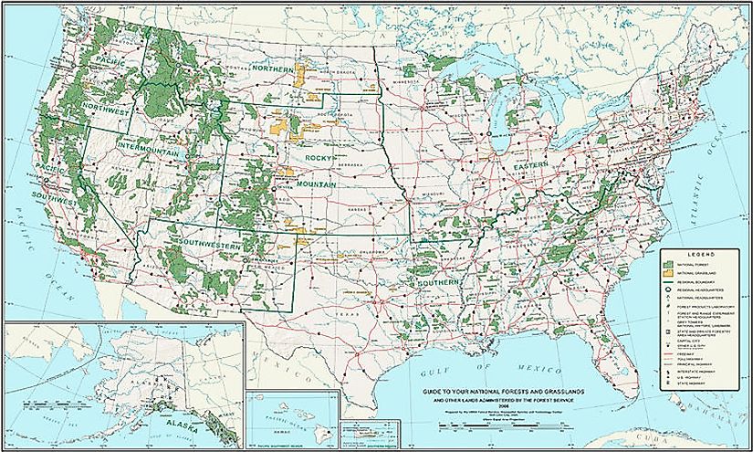Map of National Forests and Grasslands in the United States.