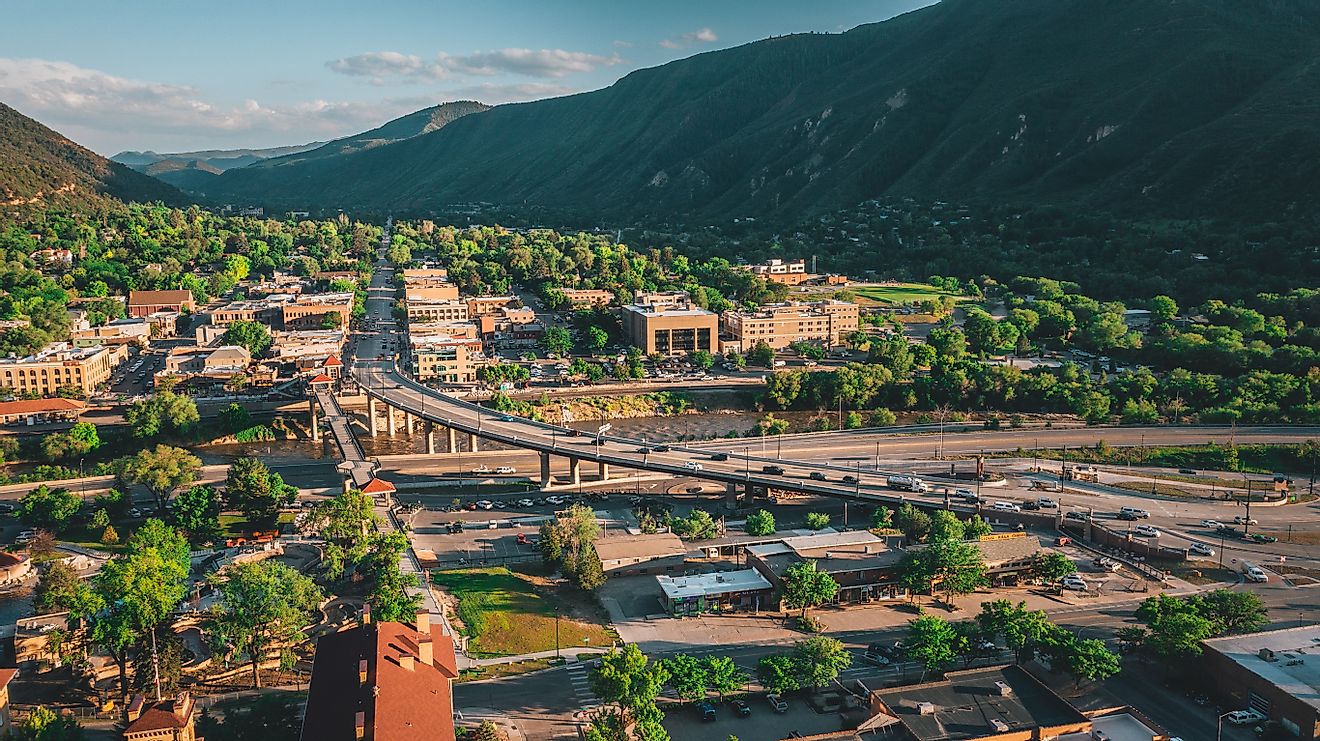 Aerial view of Glenwood Springs and the Rocky Mountains in Colorado.