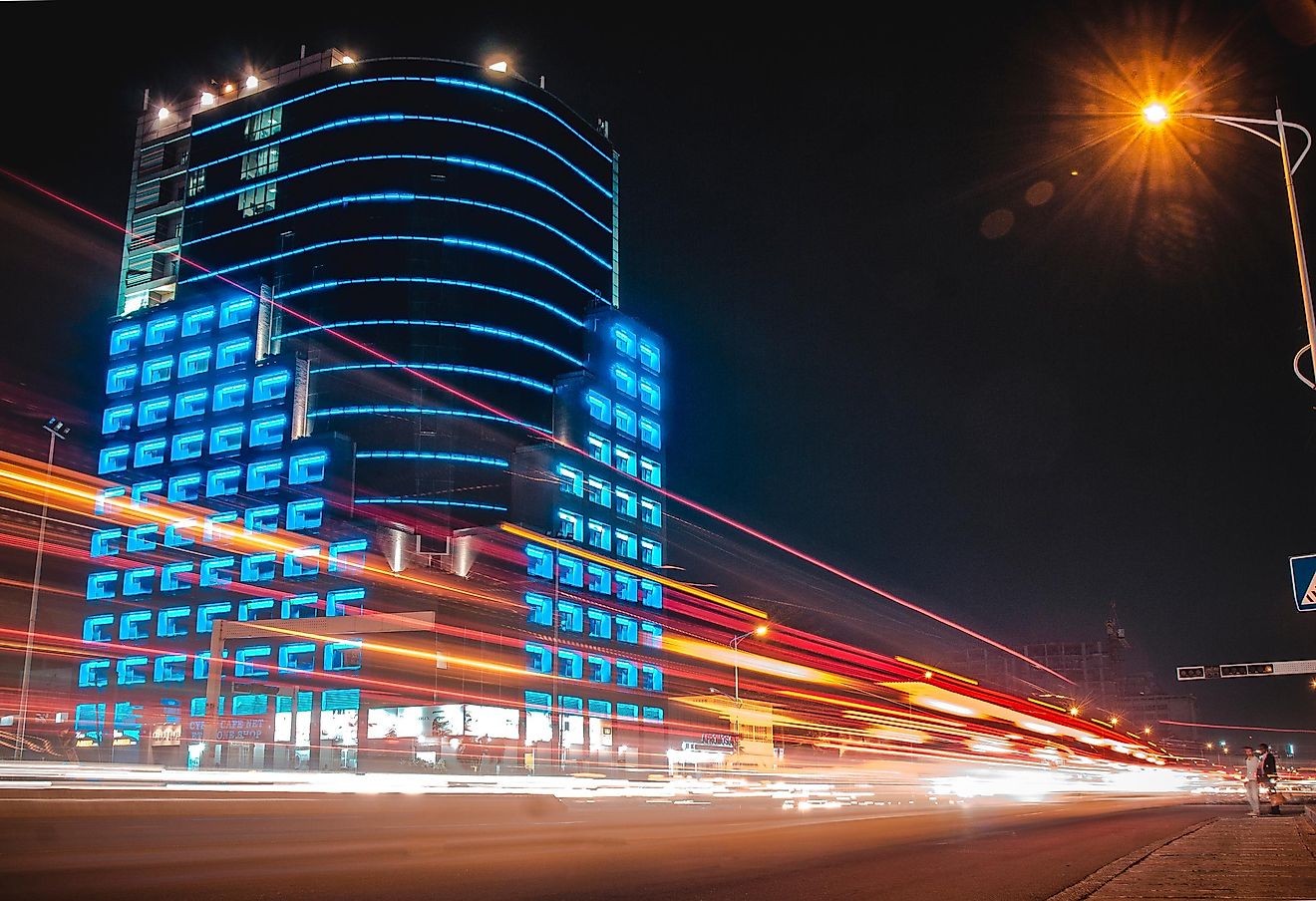 Light Streaks in front of The Future Tower on the 30 june Boulevard in Kinshasa, Congo.