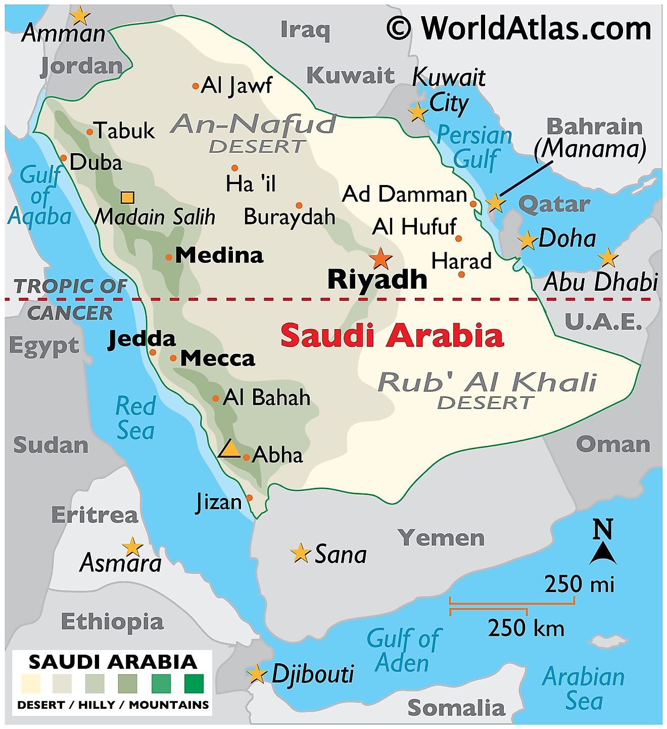 Physical Map of Saudi Arabia showing state boundaries, relief, major islands, important cities, and more.