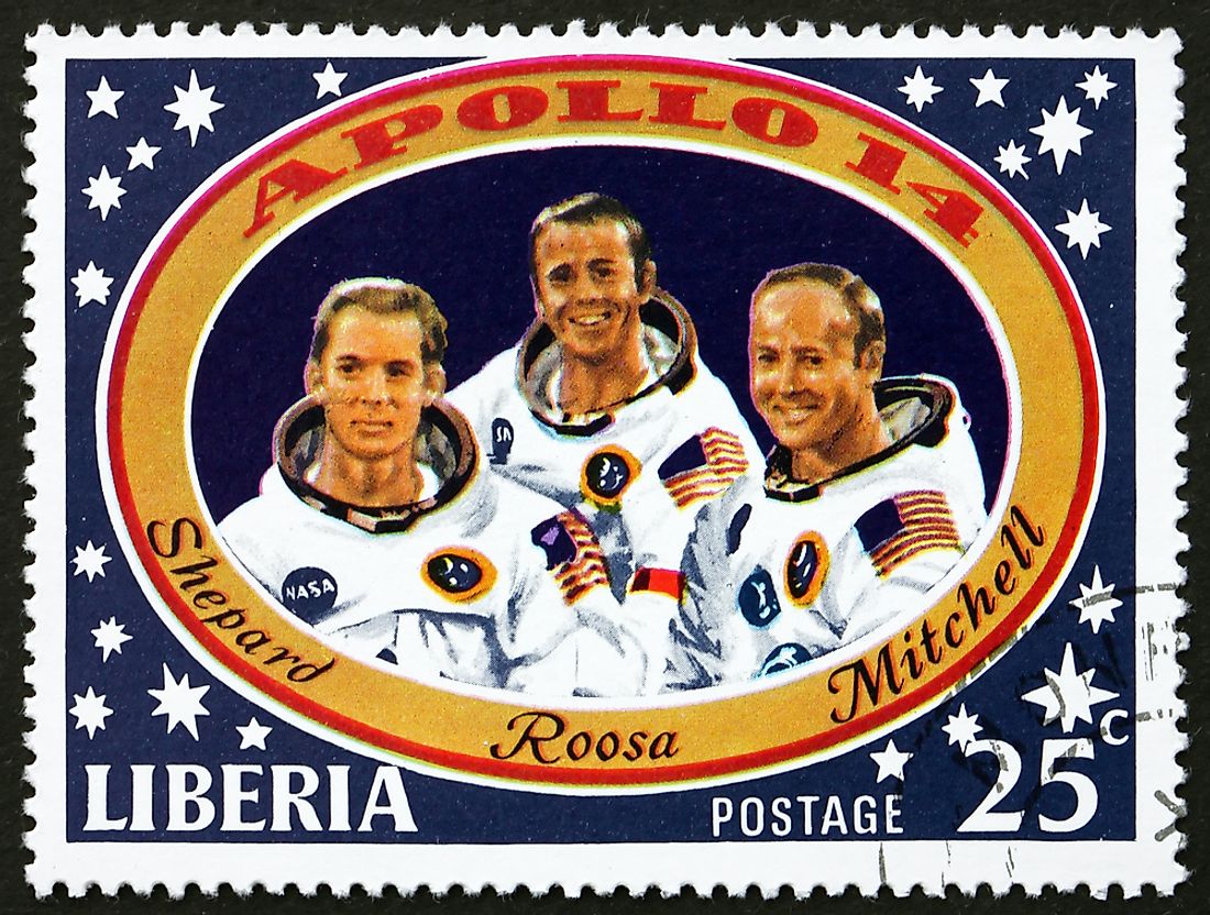 Stamp depicting astronauts Alan Shepard Jr., Stuart A. Roosa, and Edgar D. Mitchell. Editorial credit: Boris15 / Shutterstock.com