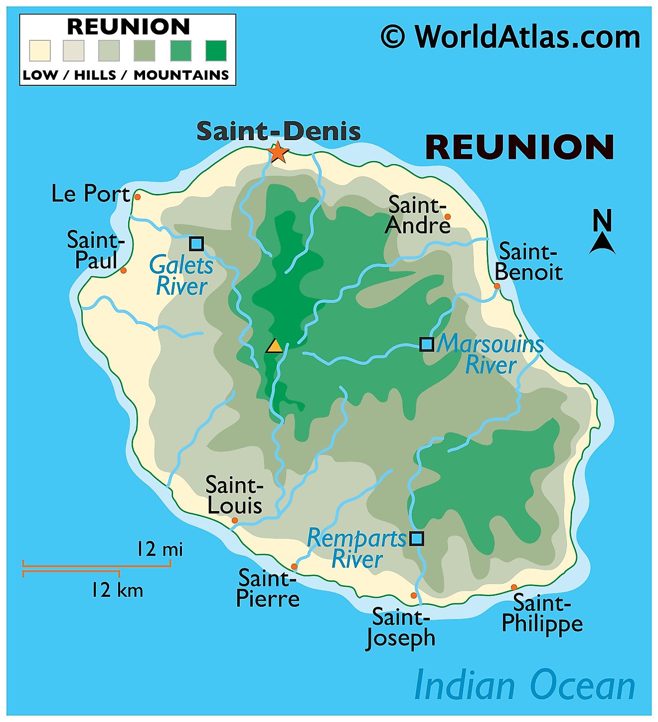 Physical Map of Reunion. It shows the physical features of Reunion Island, its volcanoes and major rivers. 