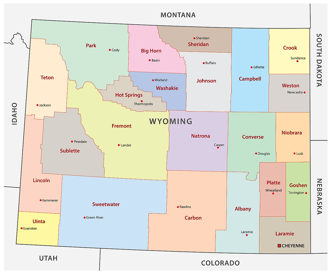 Administrative Map of Wyoming showing its 23 counties and the capital city - Cheyenne