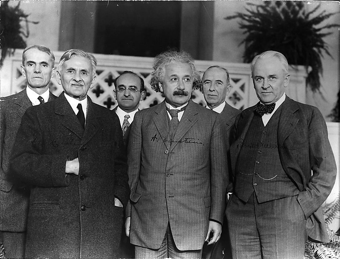 Three Nobel Laureates in Physics: Front row: Albert A. Michelson (1907 prizewinner), Albert Einstein (1921 prizewinner) and Robert A. Millikan (1923 prizewinner).