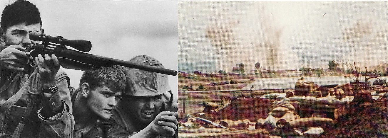 U.S. Marine Snipers (left) and explosions from North Vietnamese artillery (right) during the Battle of Khe Sanh.