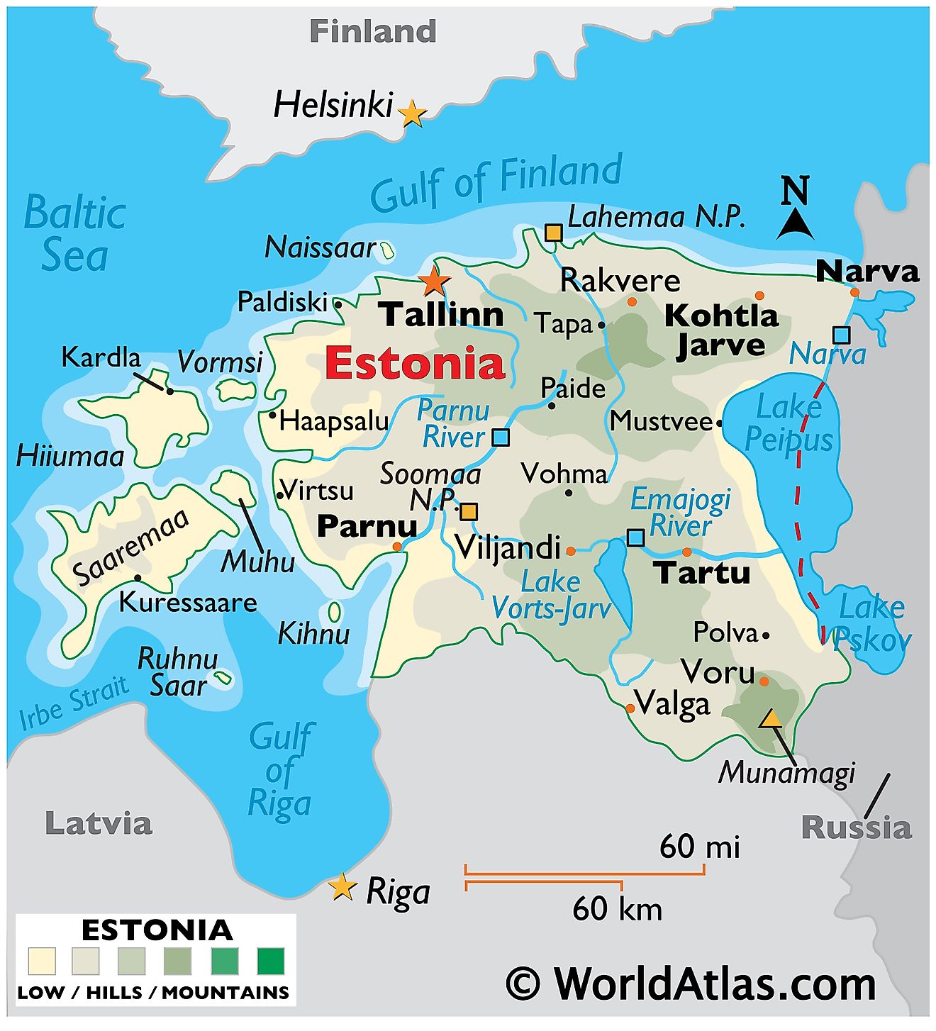 Physical Map of Estonia showing terrain, major rivers, extreme points, main islands, major lakes, important cities, international boundaries, etc.