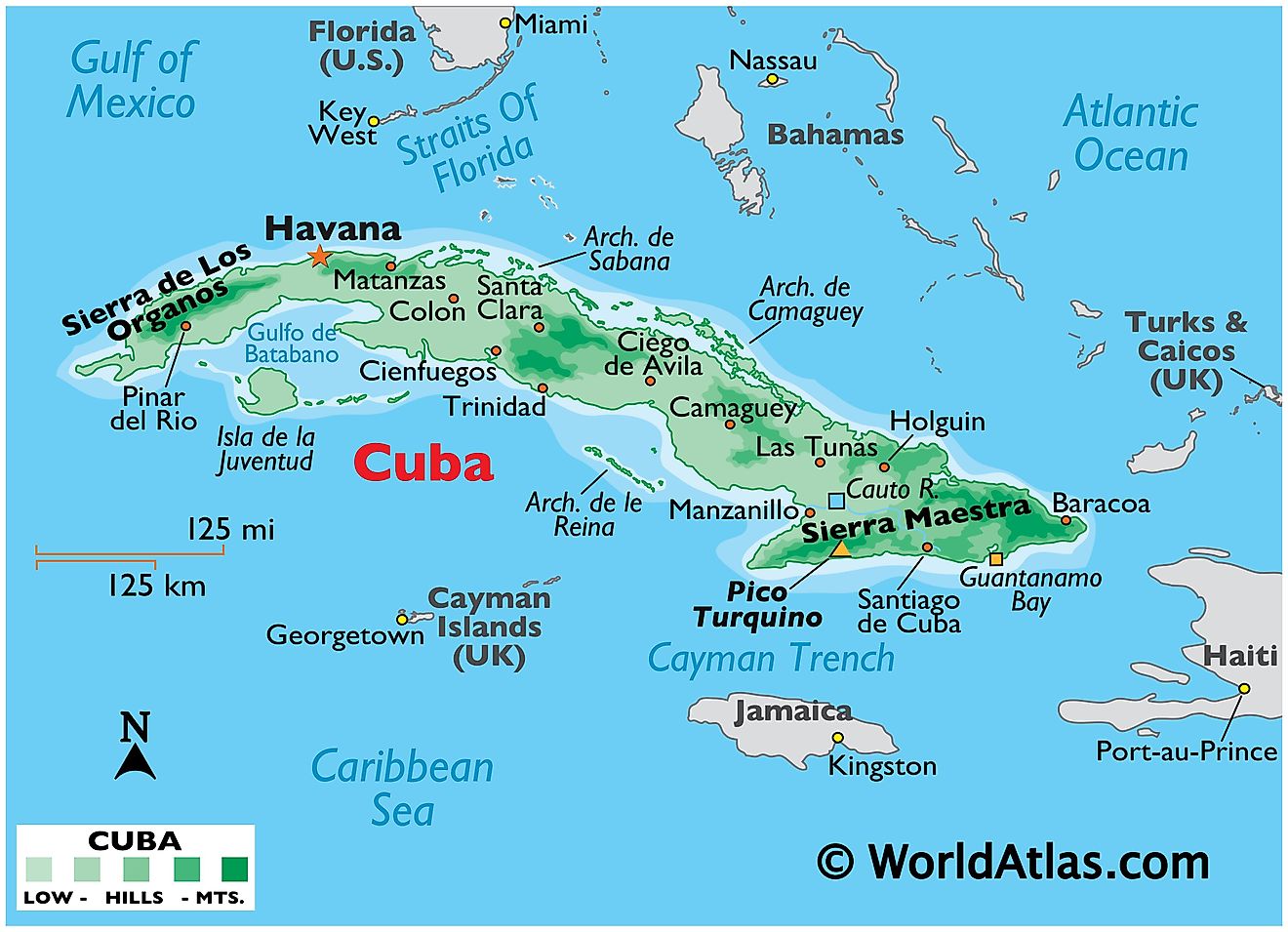 Physical Map of Cuba showing islands, relief, mountains, important settlements, surrounding water features, and more.