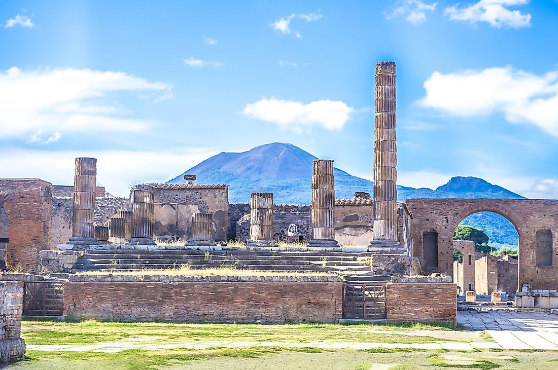 The ruins of Pompeii with Vesuvius in the background. 