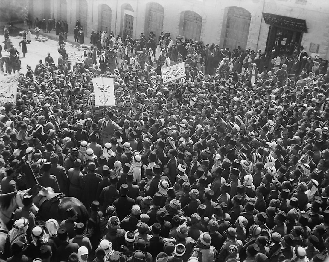 Arab Anti-Zionist demonstration outside the Damascus Gate in Jerusalem on March 8, 1920.
