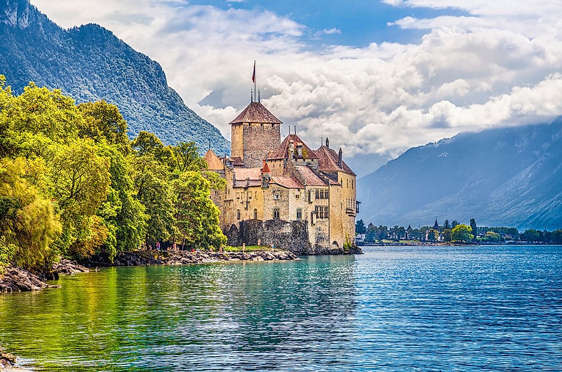 The Chateau de Chillon on Lake Geneva is a major landmark in Switzerland. 