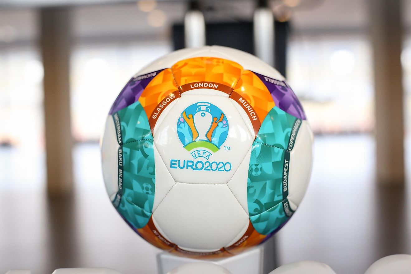 The 2020 UEFA European Football Championship (UEFA Euro 2020) logo and official ball. Editorial credit: Mircea Moira / Shutterstock.com.