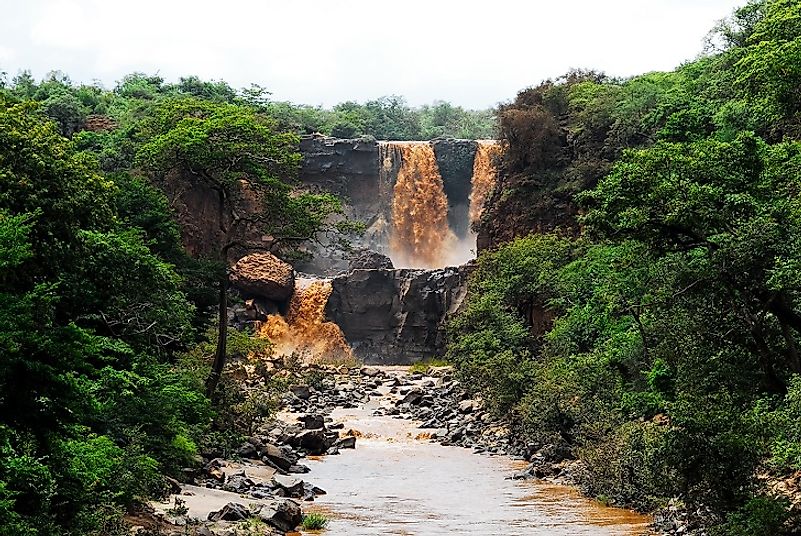 A waterfall on the Awash River laden with mud after a storm in central Ethiopia's Oromia Region.