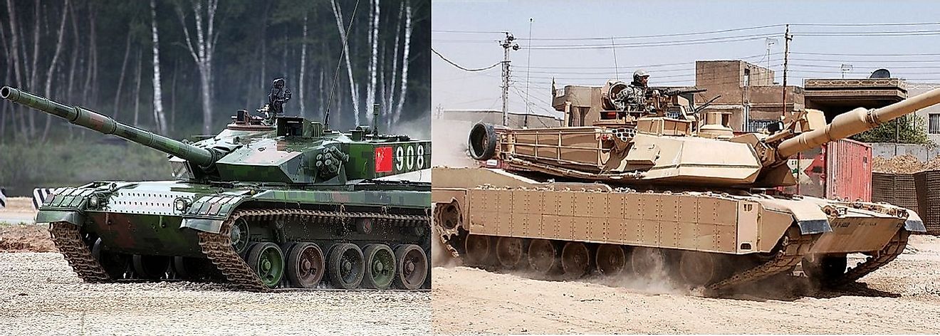 Left: A Chinese Type 96 (ZTZ-96A) main battle tank. Right: A U.S. M1A2 Abrams main battle tank.
