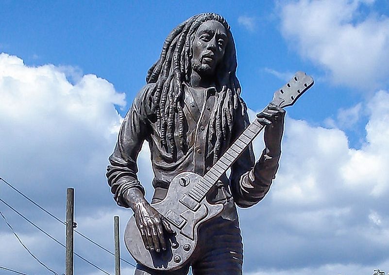 A monument dedicated to Bob Marley, one of the most well-known Reggae artists of all time, in Kingston, Jamaica.