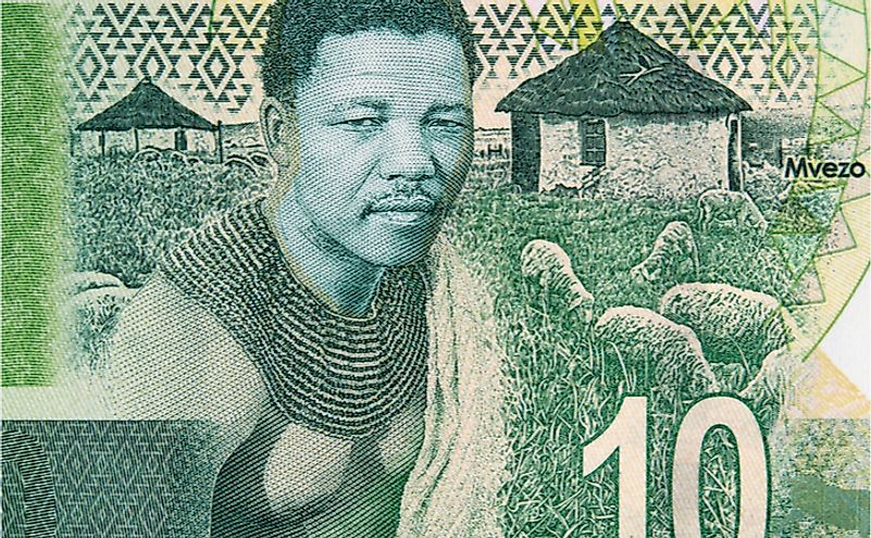 Young Nelson Mandela and his birthplace of Mvezo on South Africa 10 rand note. 