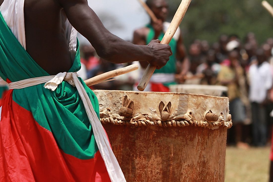A drummer in traditional clothing in Burundi. 