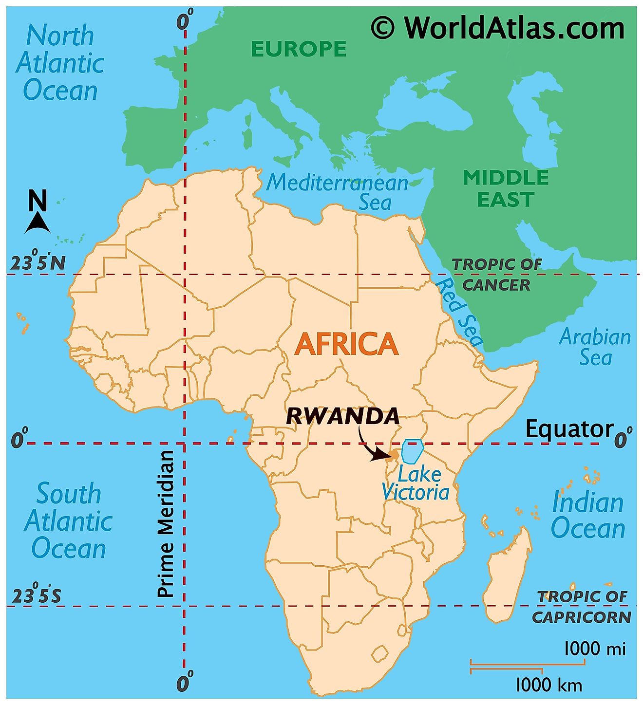 Map showing location of Rwanda in the world.
