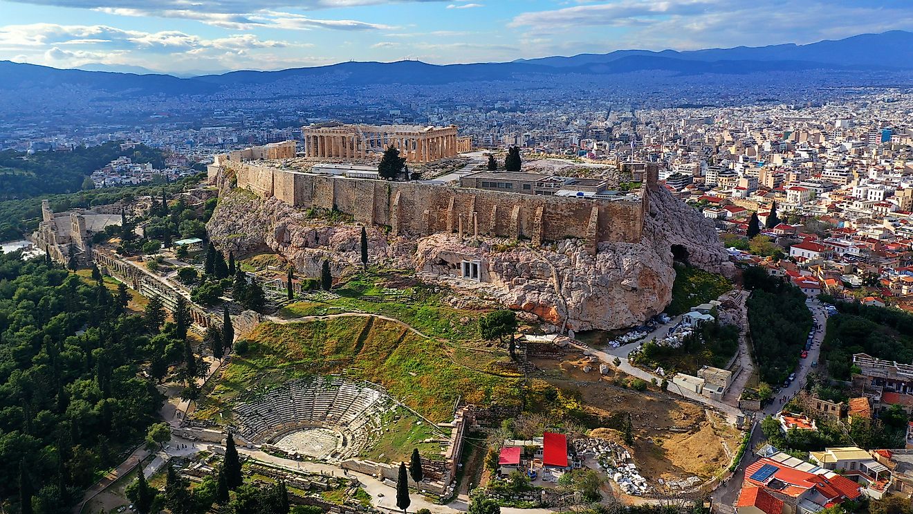 The archeological treasures of Athens, Greece, as seen from the air.