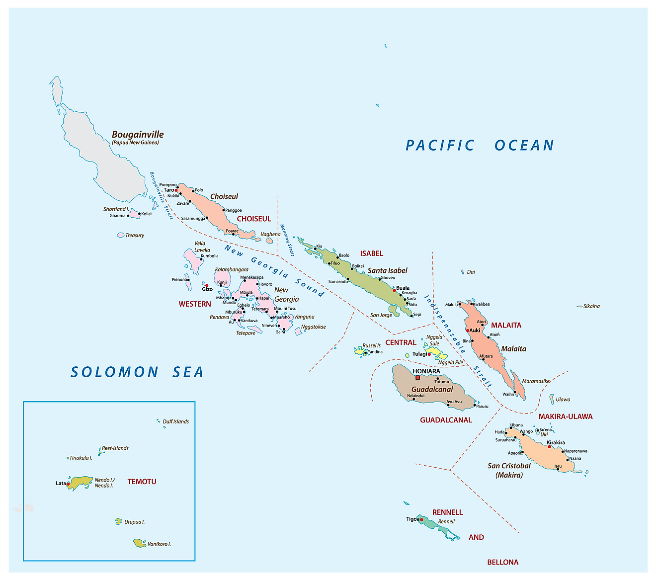 Political Map of Solomon Islands showing its 9 provinces and the capital city Honiara