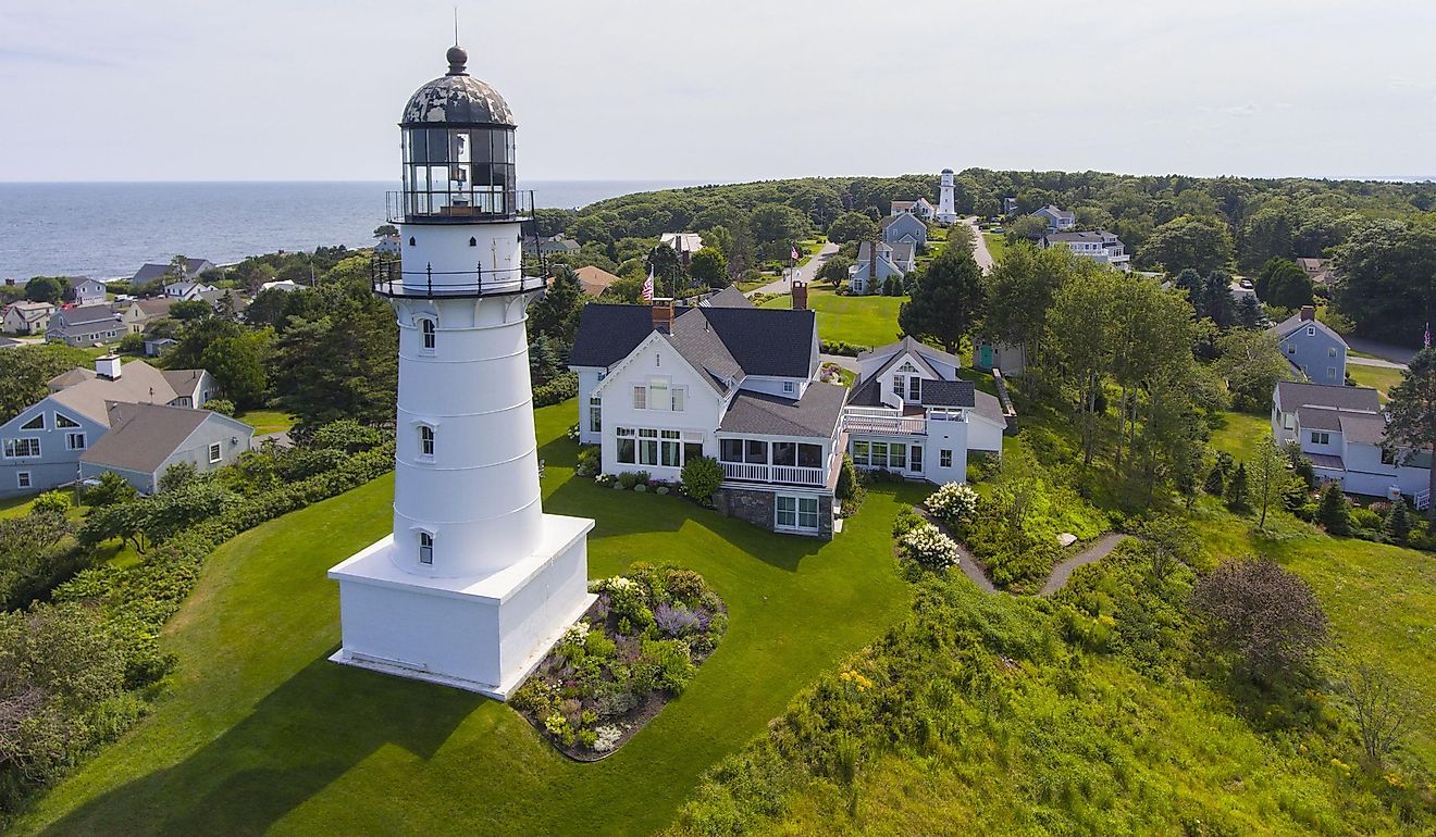 Aerial view of Cape Elizabeth Lights, also known as Two Lights, at the south end of Casco Bay in town of Cape Elizabeth, Maine ME, USA.