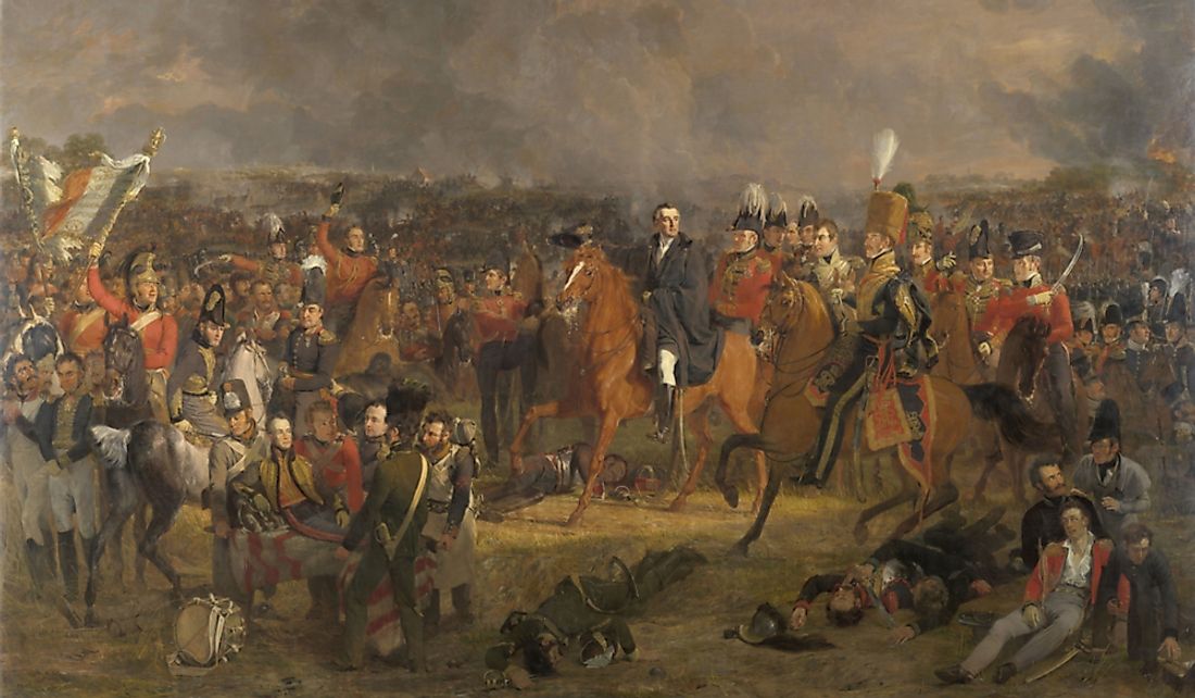 Oil painting of the Battle of Waterloo depicting the Duke of Wellington and his army.