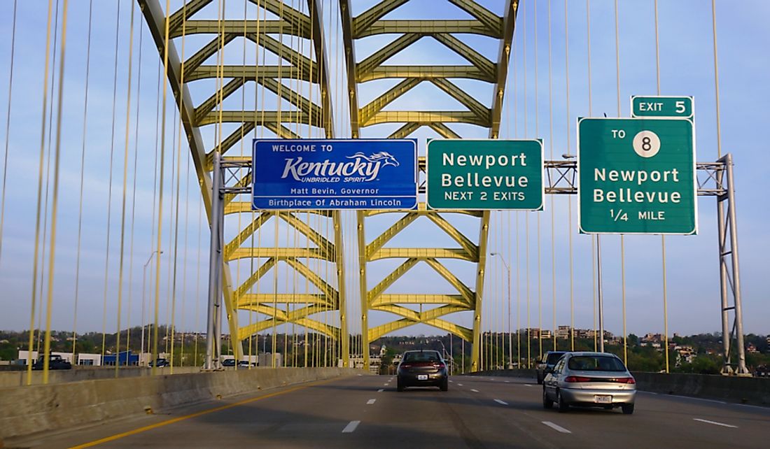 Welcome sign on a bridge spanning the Ohio River between Cincinnati, Ohio and Covington, Kentucky. Editorial credit: EQRoy / Shutterstock.com