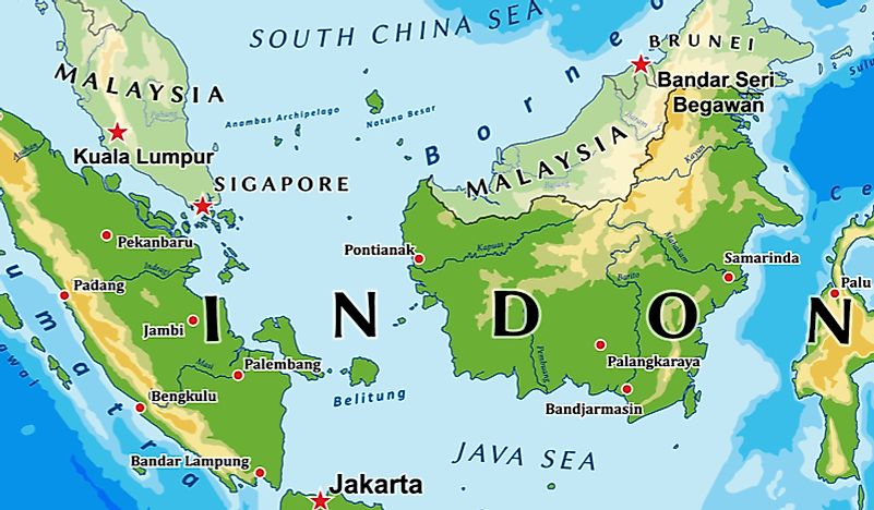 A map showing the border between Indonesia and Malaysia. 
