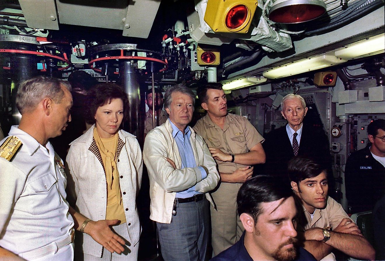 President Jimmy Carter and Admiral Hyman G. Rickover, USN (far right) aboard the submarine USS Los Angeles in 1977.