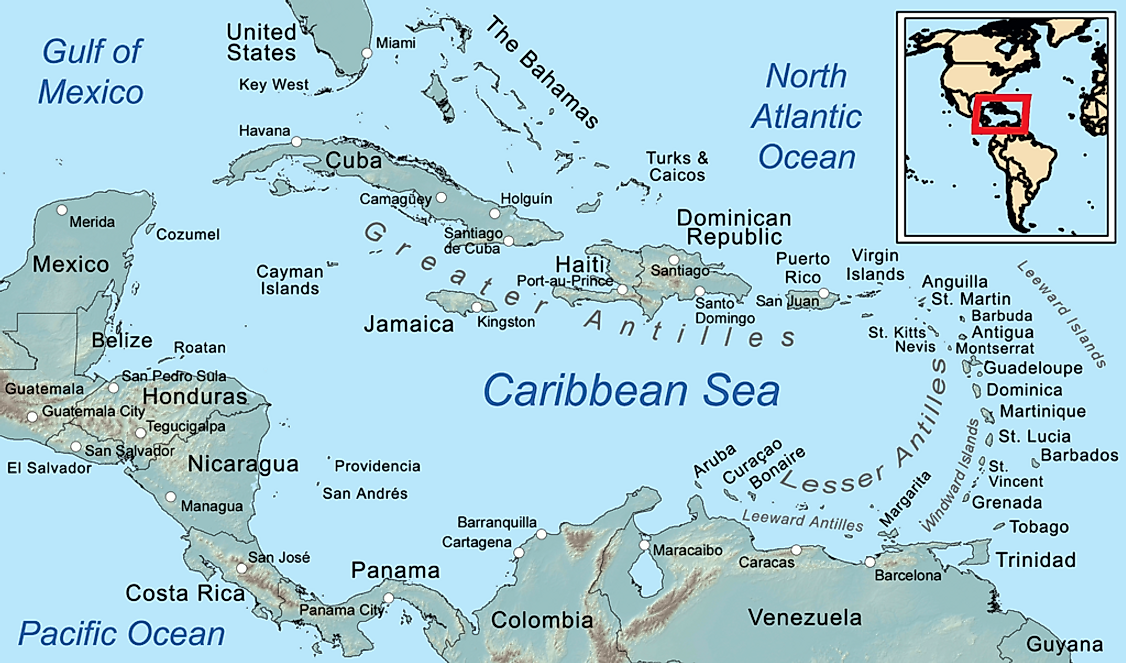 A map exhibiting the windward and leeward islands on the lower right section of the map.