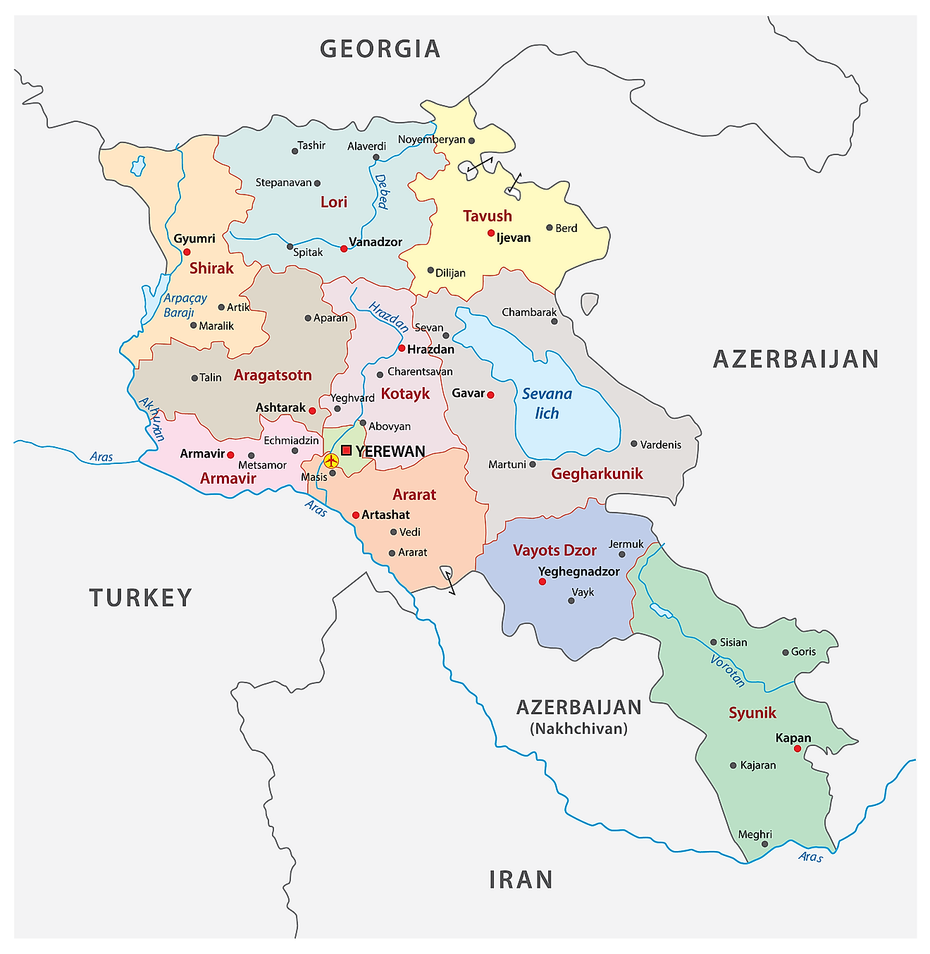Political Map of Armenia showing the 11 provinces and the capital city of Yerevan.