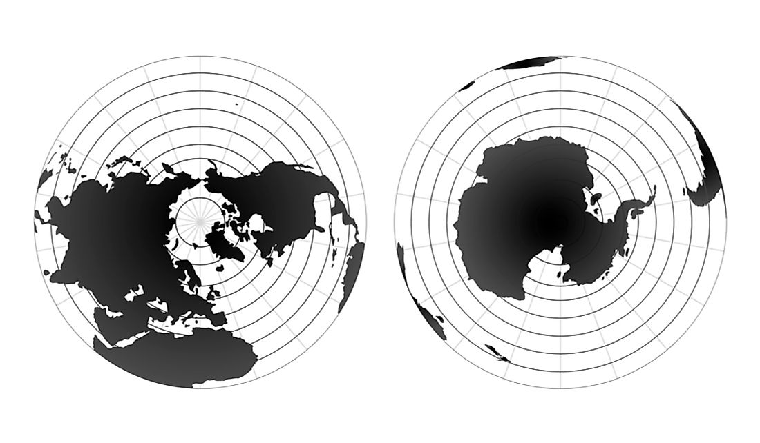 The lines of longitude converge at the North Pole (left) and South Pole (right).
