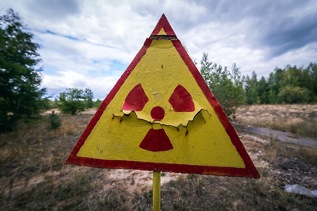 A sign warning of the radiation in Pripyat, Ukraine. Pripyat was the site of the worst nuclear disaster of all time.