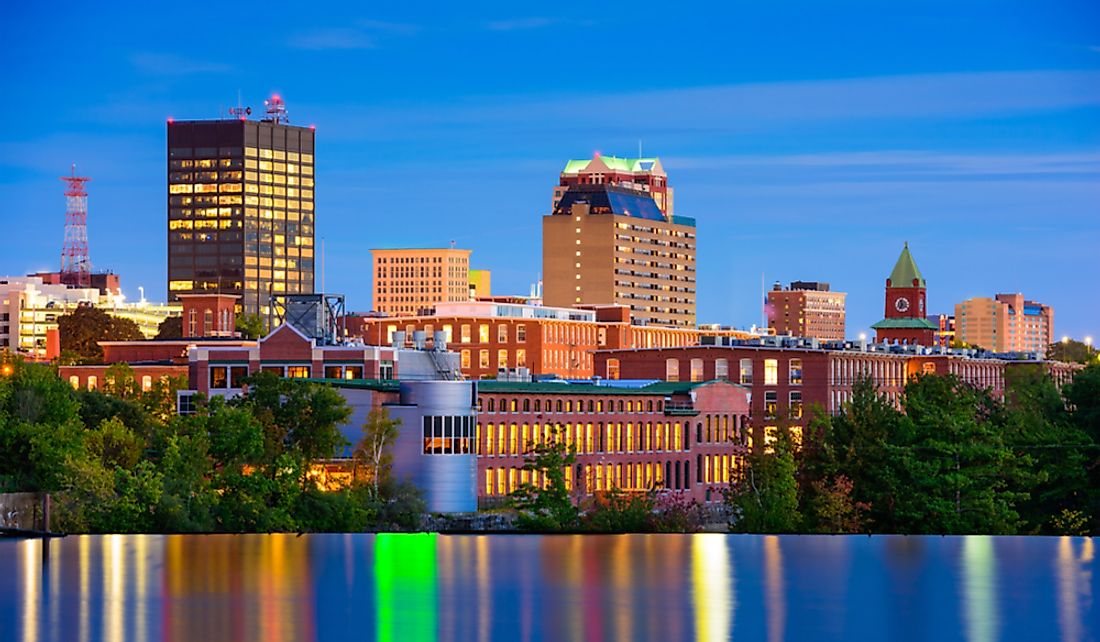 The city of Manchester, New Hampshire, on the Merrimack River.