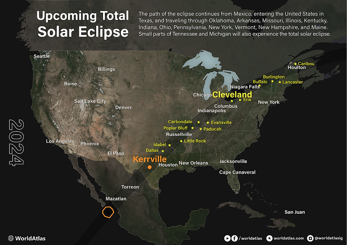map showing the pathway of the solar eclipse